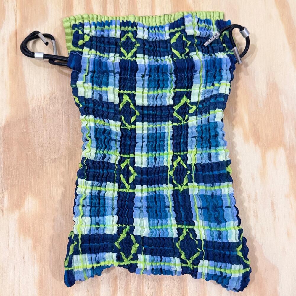 Issey Miyake Pleated Drawstring Pouch Bag Blue Green Plaid Small Made Japan - Picture 2 of 11
